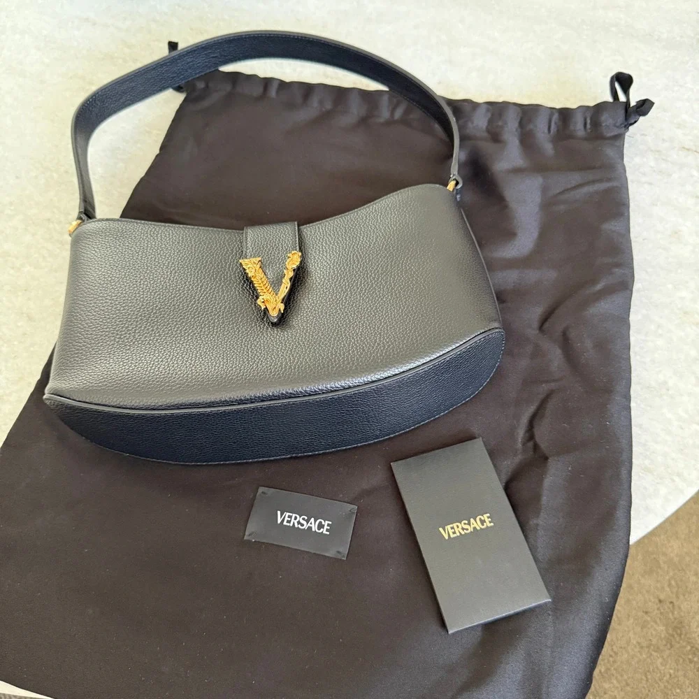 Versace Virtus‎ Small Hobo Bag Black Grained Leather Gold Barocco V